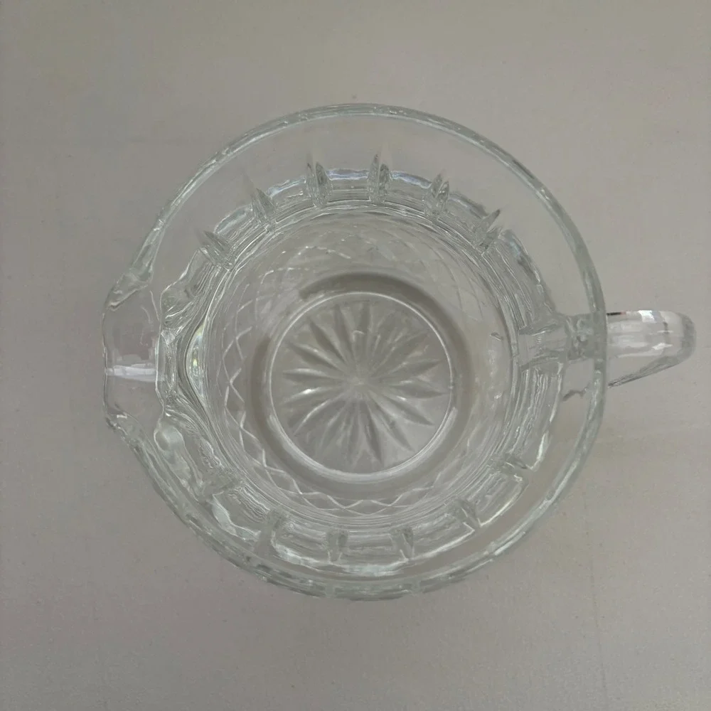 Vintage Clear Pressed Glass Creamer Pitcher Diamond Point Starburst Base 3.75in
